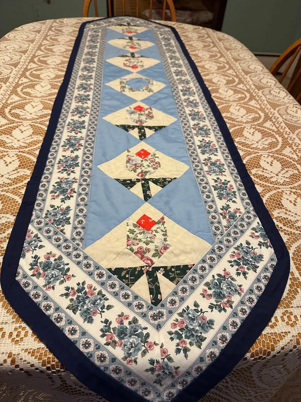 Handmade Quilted Tulip Table Runner 16x63 Blue Floral Patchwork Cottagecore
